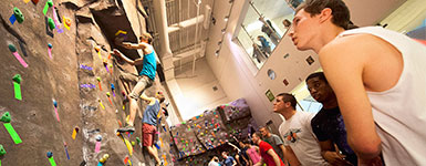 photo of students climbing and observing the climbing wall