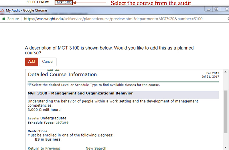 By selecting the courses displayed on the audit, you can view a course description.