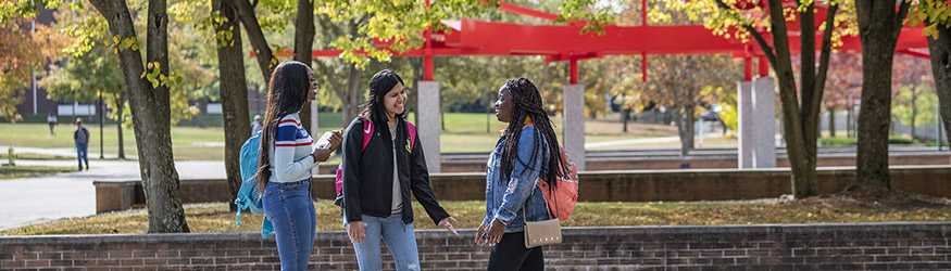 photo of three students standing and talking on campus