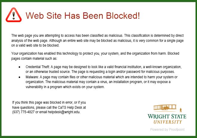 screen capture of the web site has been blocked pop up