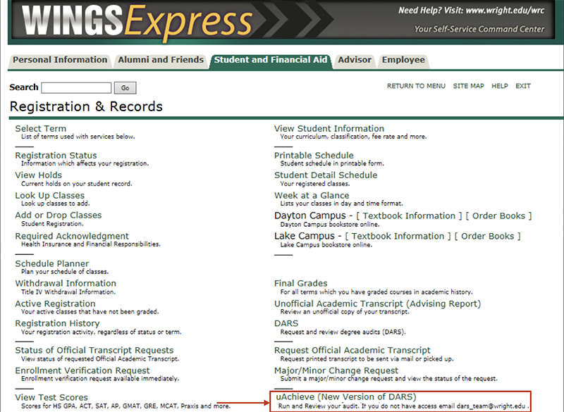 In Wings Express select uAchieve (New) from the Student and Financial Aid, Registration and Records menu