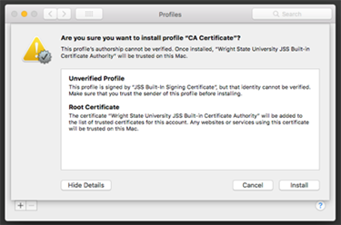 screen capture of the casper ca certificate install are you sure window