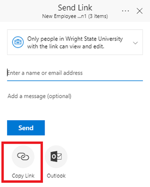 screen capture of the onedrive send link window with copy link selected