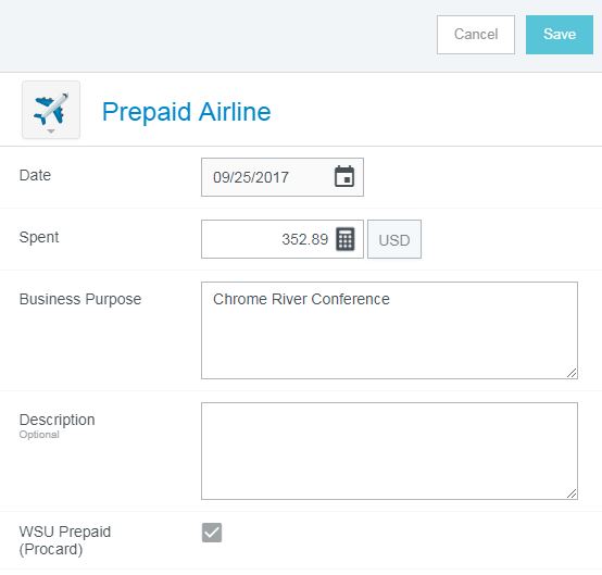 screenshot of expense description page with WSU prepaid (procard) box checked