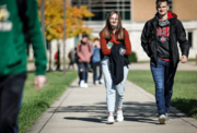 Students on campus walkway