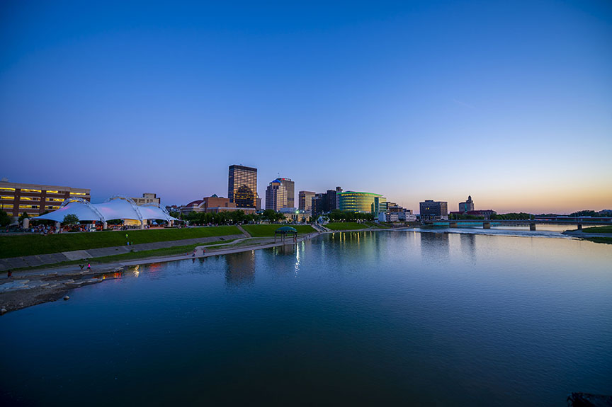 photo of the downtown dayton skyline in the evening