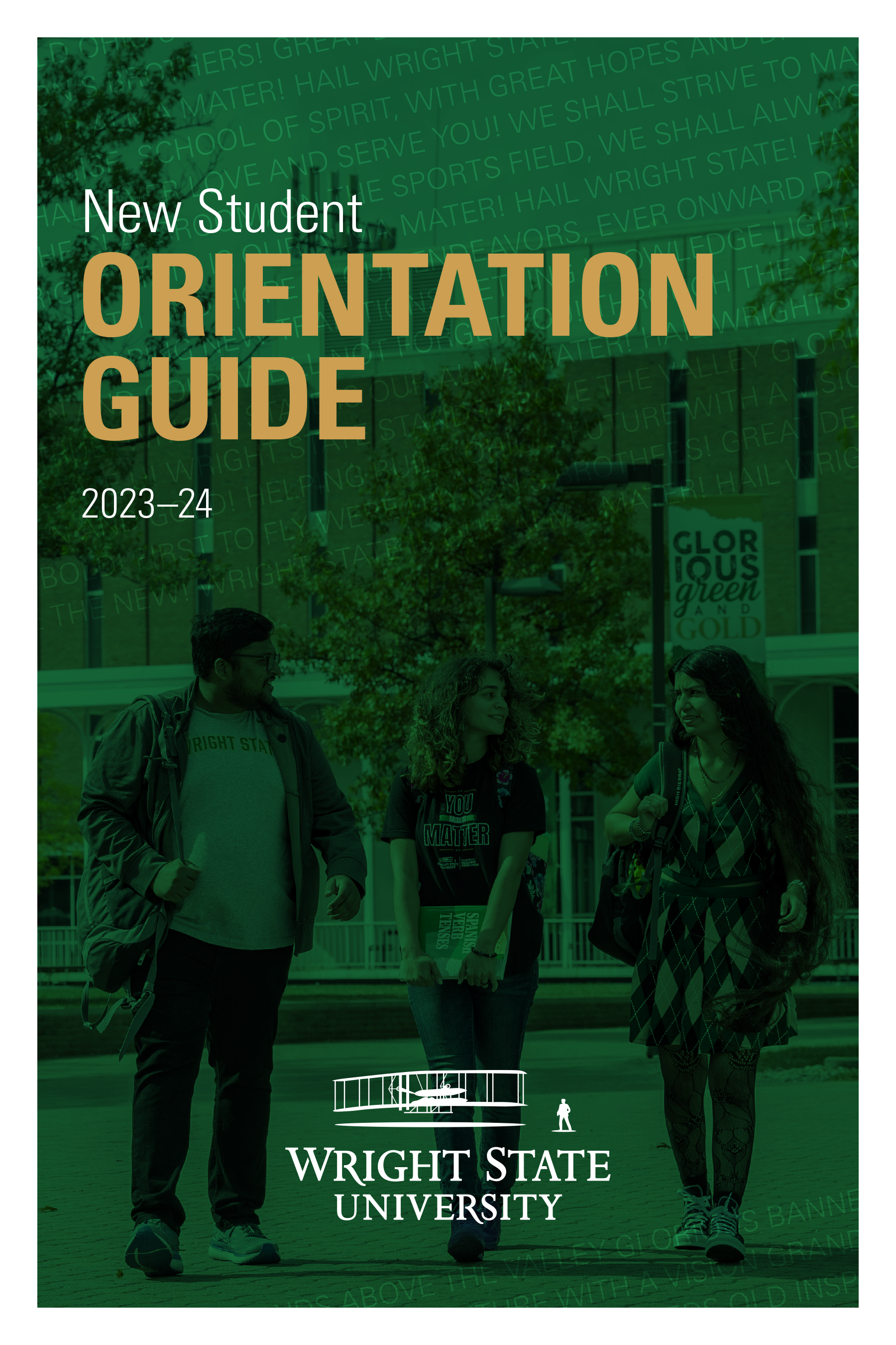cover of the new student orientation guide with title and photo of students walking on campus