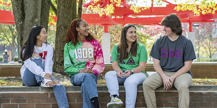 photo of students in greek orgs sitting outside on campus