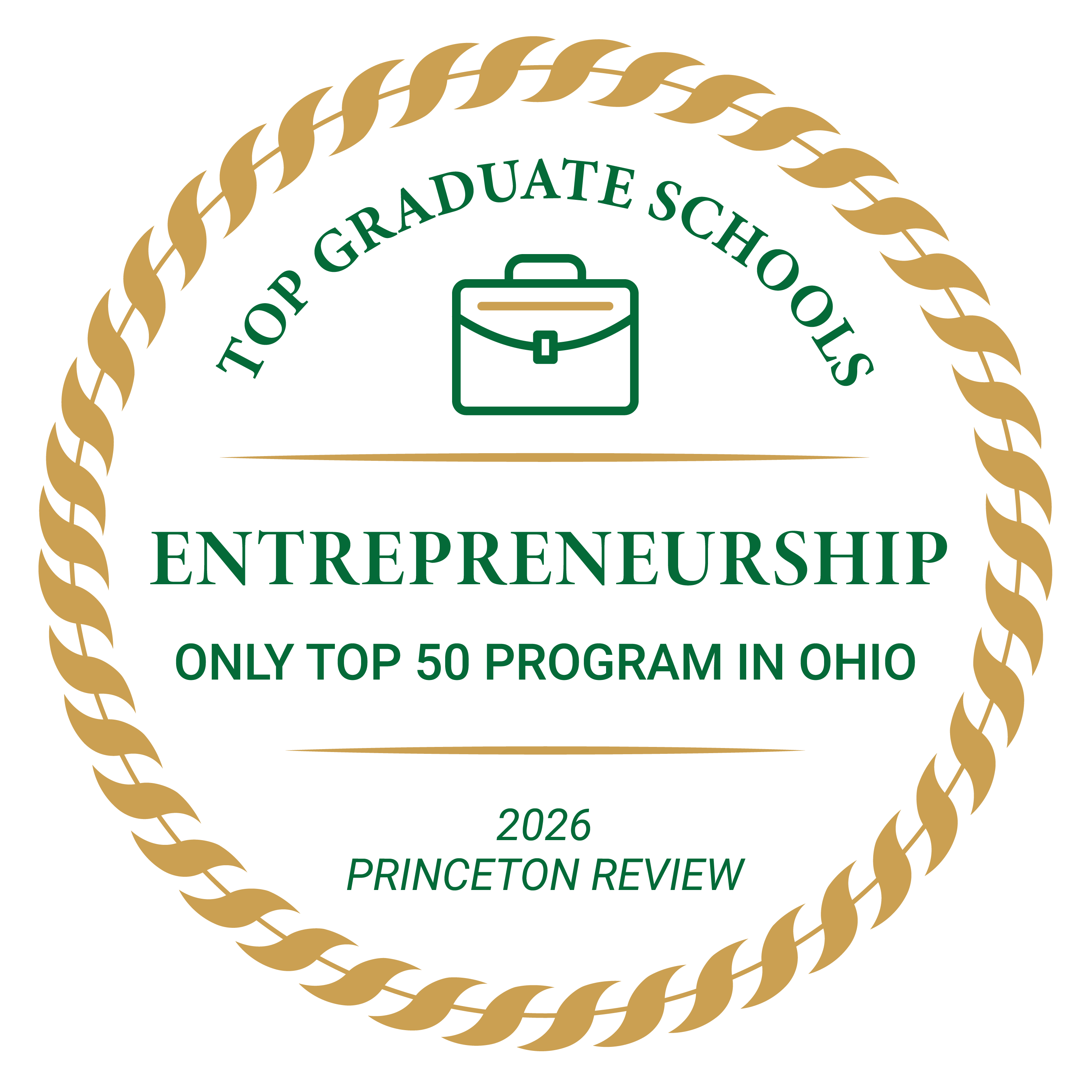 branded badge with text top graduate schools 2026 princeton review entrepreneurship only top 50 program in ohio