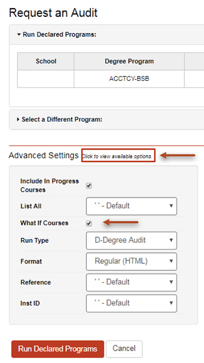 Select the “click here to view available options” button next to Advanced Setting.