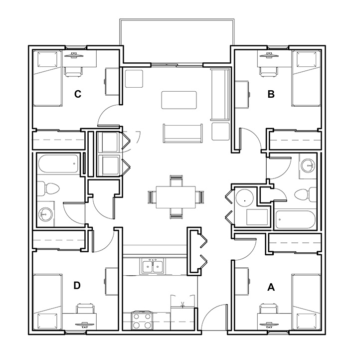 floor plan of a college and university park quad b, c, and d apartment