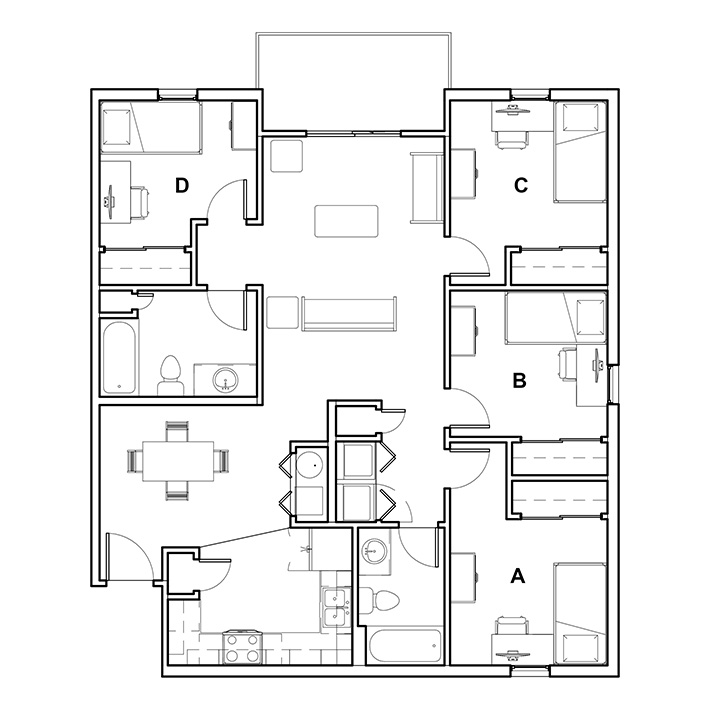 floor plan of a college and university park quad e apartment