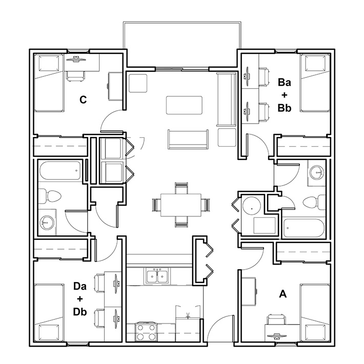 floor plan of a college and university park quad b, c, and d apartment
