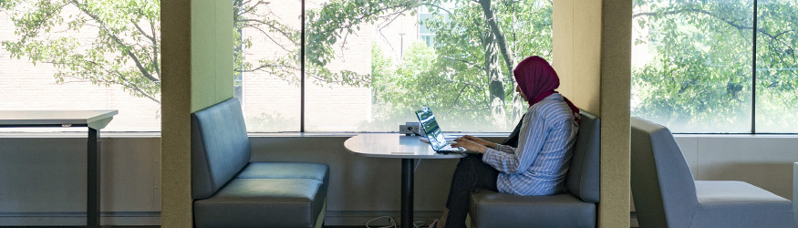 photo of a student using a laptop in the library