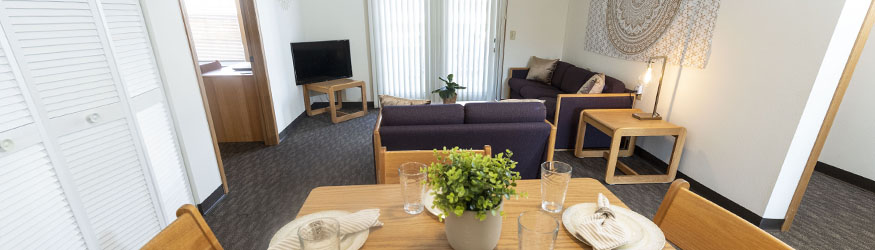 photo of the dining and living area in a college park apartment