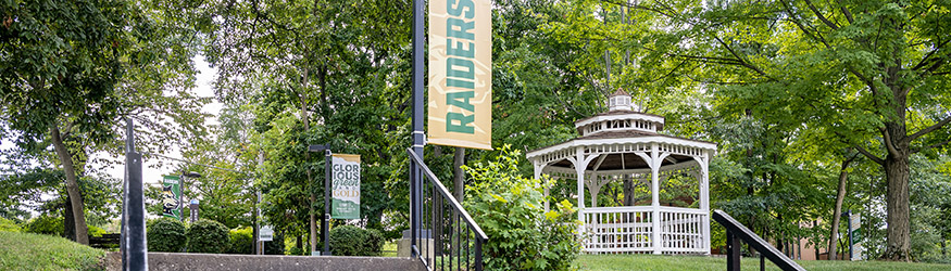 photo of a gazebo and pole banners on campus