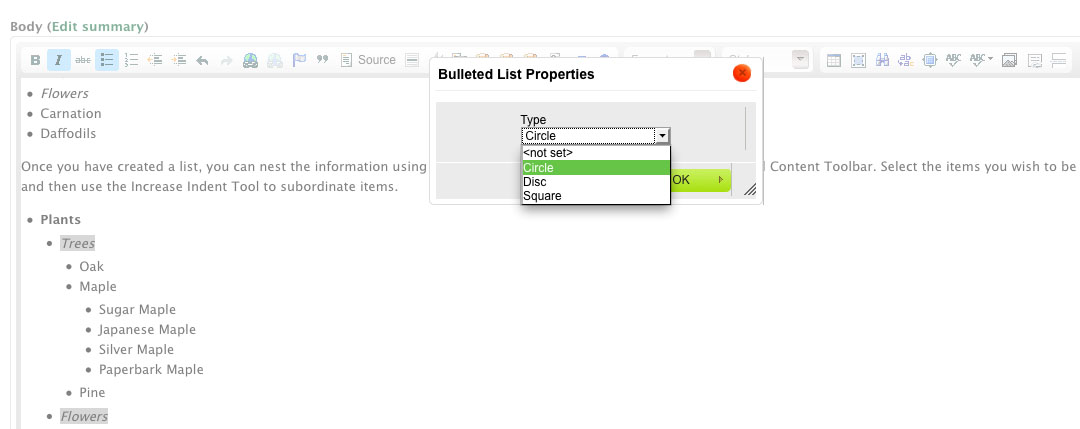 screenshot of Bulleted list icon options