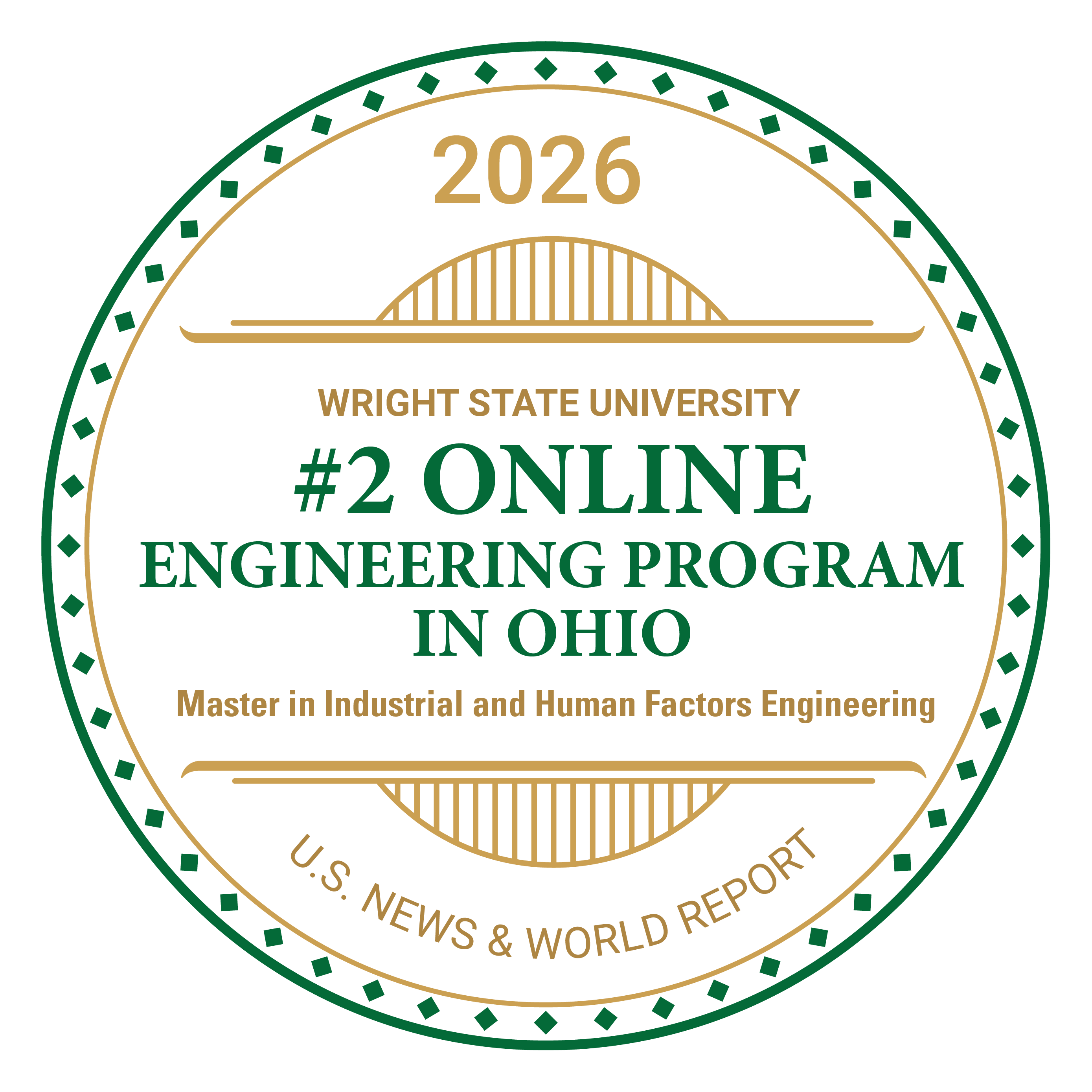 branded badge with text wright state university #2 online engineering program in ohio master of industrial and human factors engineering us news and world report