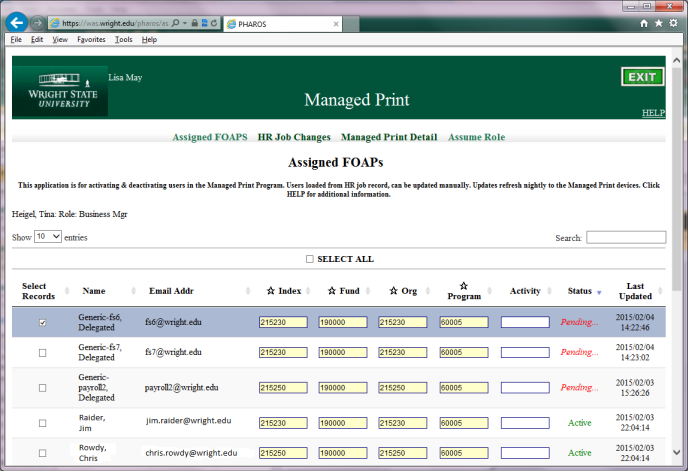 Assigned FOAPs