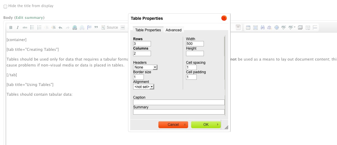 Screenshot of Drupal Table tool options window