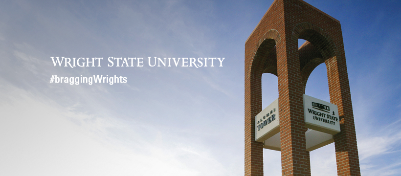 wright state university wordmark, #braggingwrights, and photo of alumni tower facebook cover image