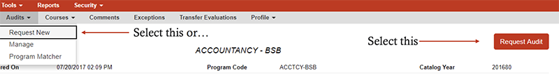 Press the Audits Tab and select Request New or press the red “Request Audit” button.