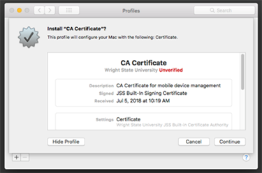 screen capture of the casper ca certificate install continue window