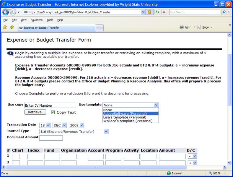 Using a Journal Voucher Template