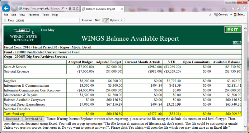 Balance Available Detail Operating Ledger