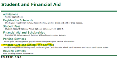 screenshot of student and financial aid options in wingsexpress with the sixth option of wright1 card and dining plan services highlighted