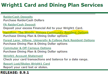 screenshot of wright1 card and dining plan services in wingsexpress with second option for hamilton, the woods, honors community resident options highlighted