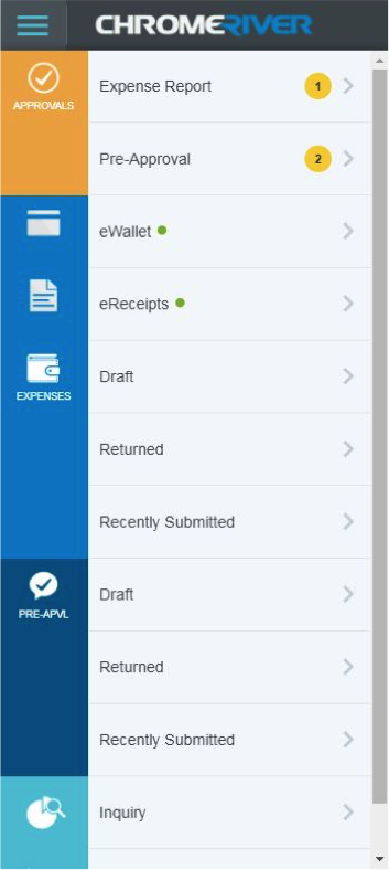 screen capture of chrome river menu options including approvals, expenses, and pre-approvals
