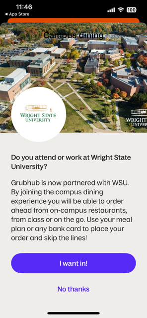 screenshot of grubhub app screen where users confirm that they attend or work at wright state university