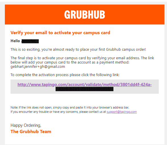 screenshot of grubhub app screen where users verify their email address