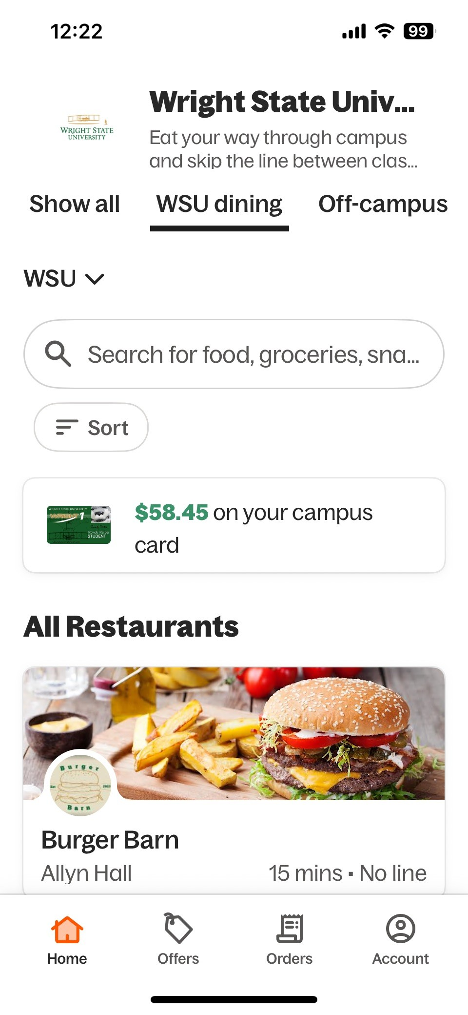 screenshot of grubhub app screen where users can see their wright1 balance