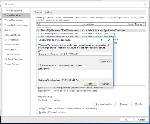 screen capture of the option to trust subfolders of trusted locations in excel