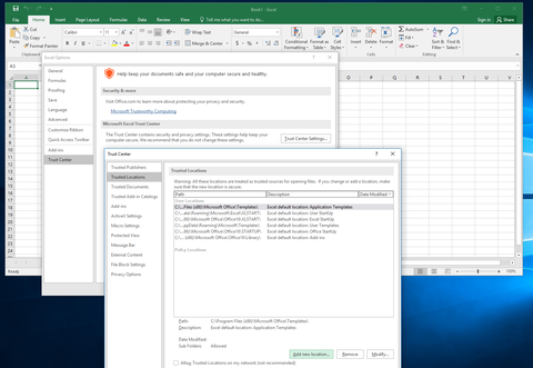 screen capture of the trusted locations option in excel