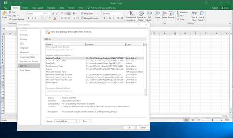 screen capture of manage excel add ins