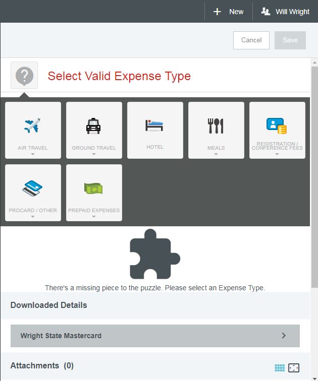 screenshot selecting expense type after credit card expense has been added