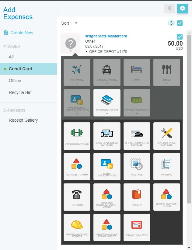 Screenshot, add expenses, credit card, procard/other expense tile selected, subcategory tiles appear
