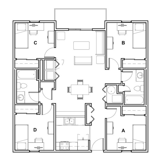 floor plan of college and university park quad b, c, and d apartment