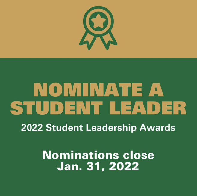 nominate a student leader graphic 2022 student leadership awards nominations close jan 31 2022