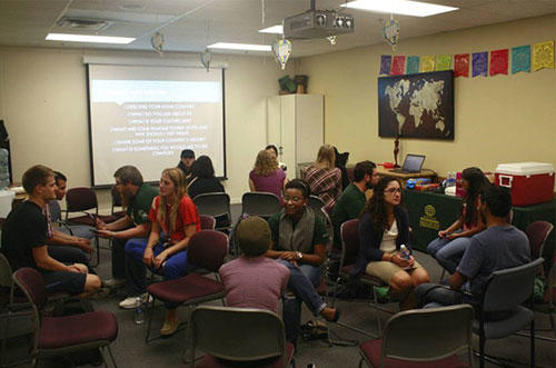 Several small groups of students, seated in circles, discussing topics presented on a projector