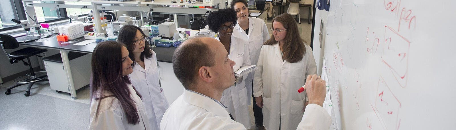 students and a professor standing at a whiteboard
