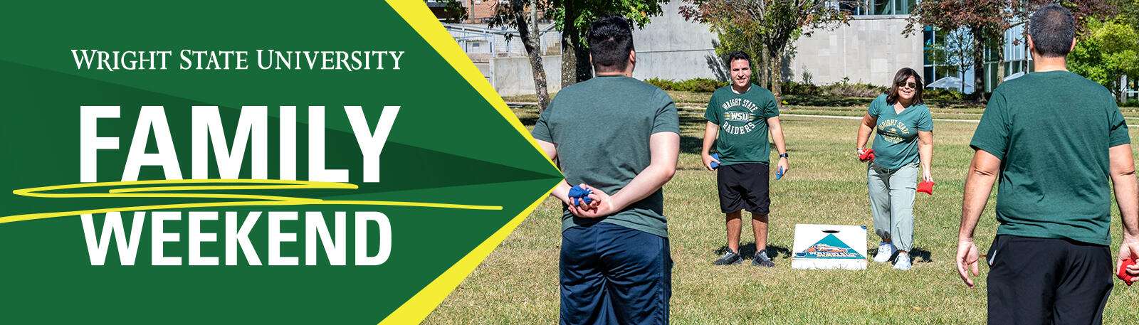 family weekend graphic and photo of students and parents playing corn hole on campus