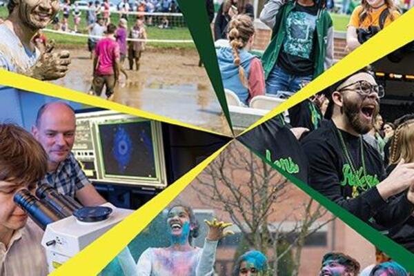 collage of students playing mud volleyball, attending campus events, and working in a lab
