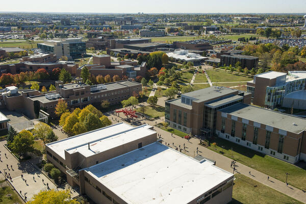 aerial view of campus on a fall day