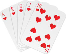 photo of an ace, king, queen, jack, and 10 of hearts playing cards
