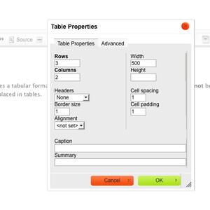 Screenshot of Drupal Table tool options window