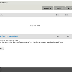 Screenshot of media browser dialog, which appears when you click browse and allows you to upload files.